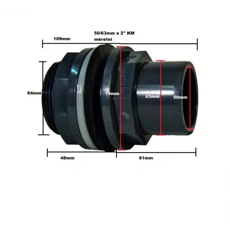 Hosszított tartályszerelvény 50/63mm x 2" KM